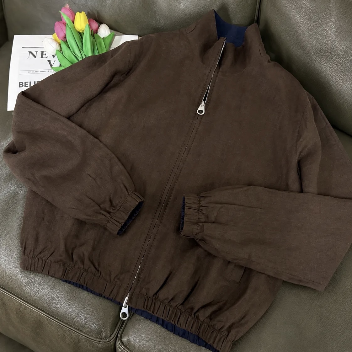 Loro Piana Style Men’s Reversible Linen Bomber Jacket - Image 7