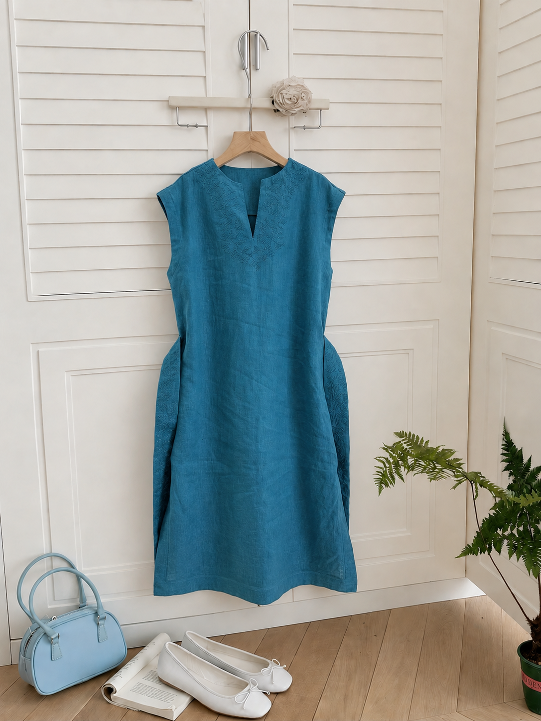 Loro Piana Style Turquoise Linen Sleeveless Midi Dress - Image 8