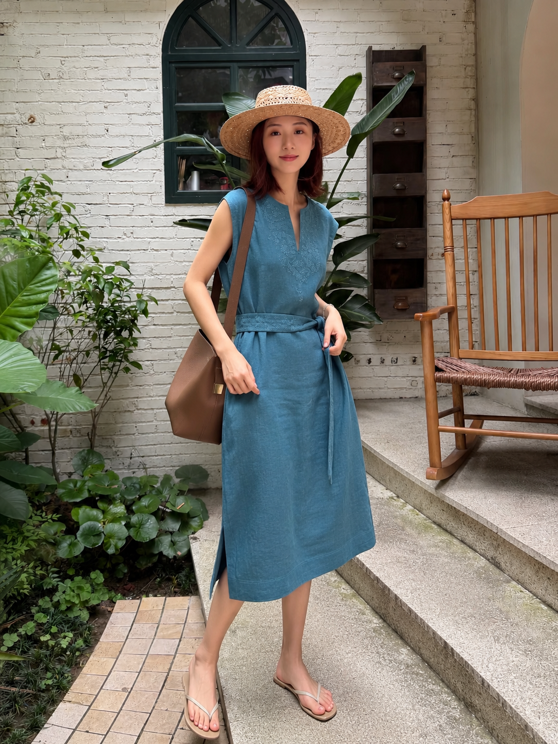 Loro Piana Style Turquoise Linen Sleeveless Midi Dress