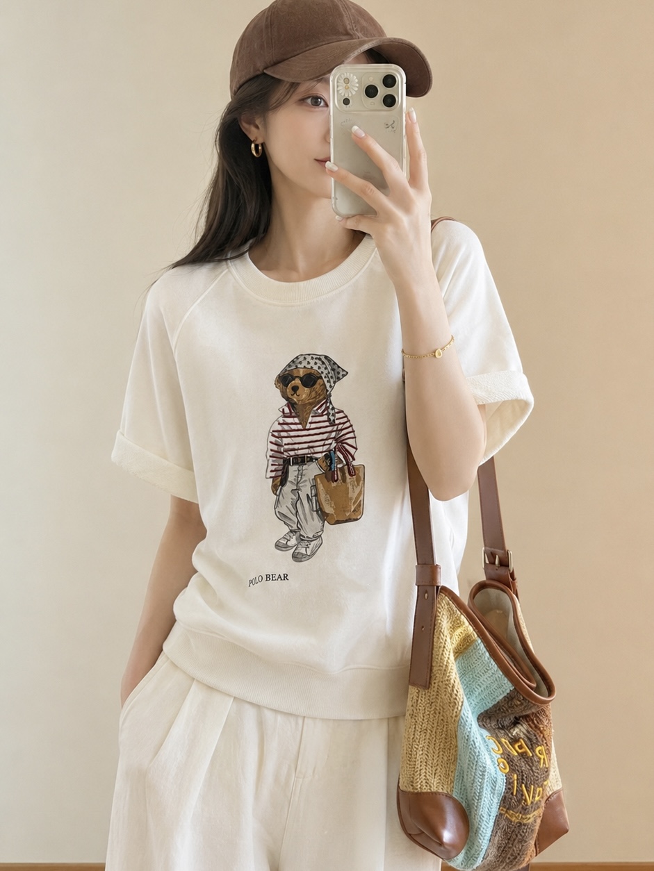Ralph Lauren Style Polo Bear Print Short Sleeve Sweatshirt