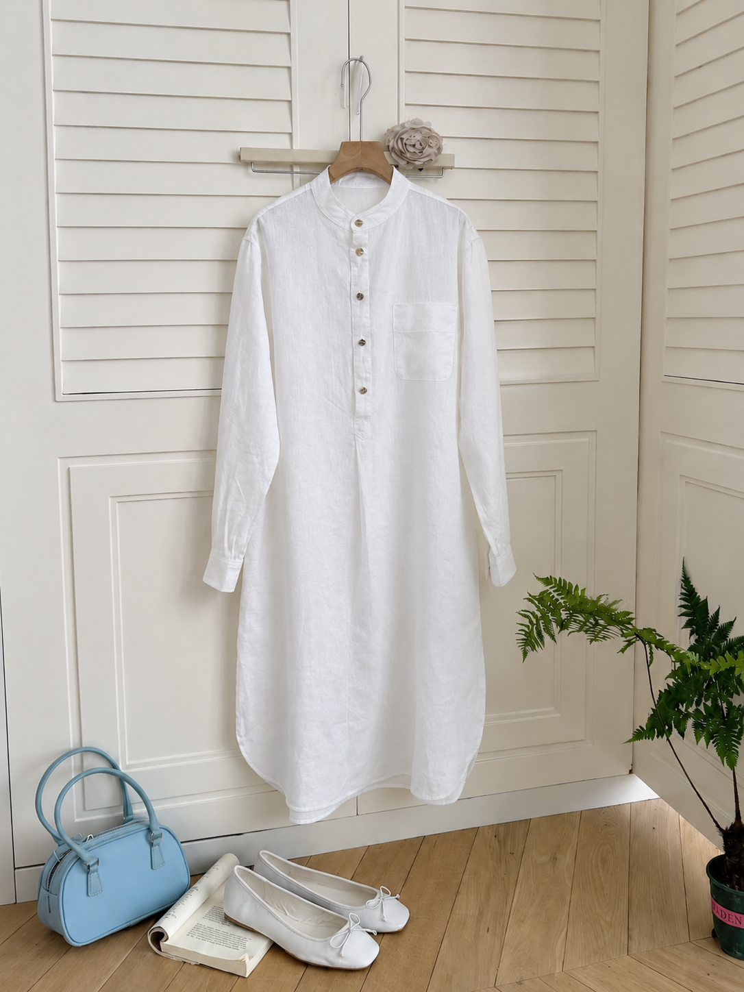 Loro Piana Style Linen Long Sleeve Shirt Dress - Image 3