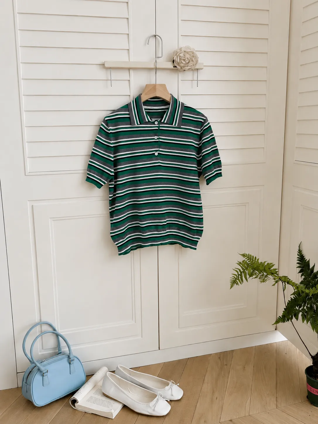 Prada Style Striped Short-Sleeve Knit Top